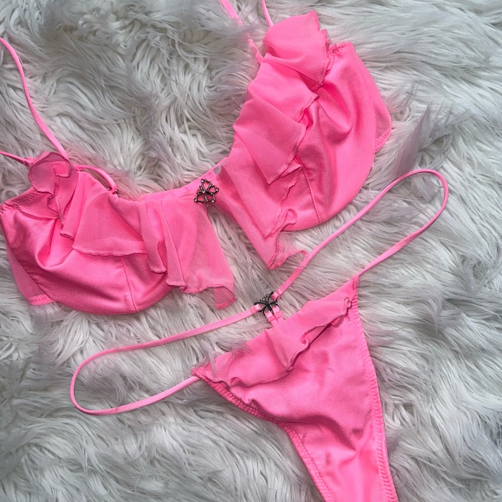 Out From Under • Hot Pink Monarch Butterfly Rhinestone Ruffle Lingerie Set